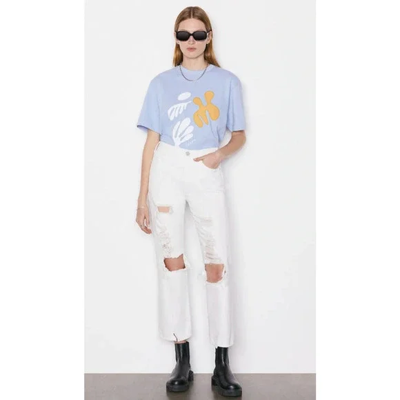 Frame Le Jane Crop Distressed Straight-Leg Jean 27 White Rumpled Blanc Destruct - Picture 11 of 15